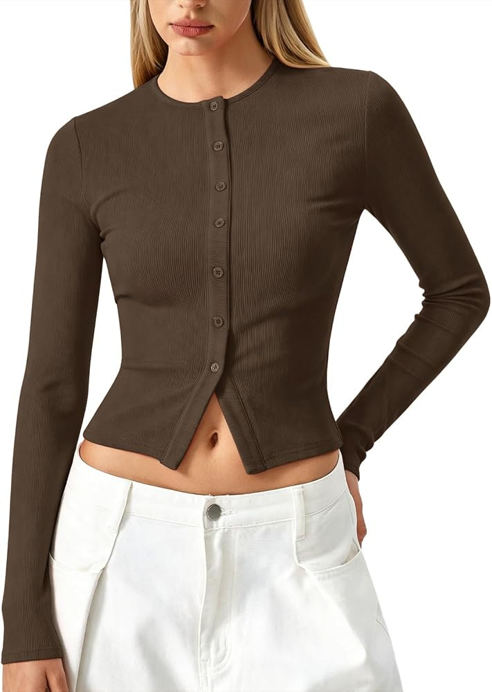 QINSEN Women's Long Sleeve Crewneck T Shirts Ribbed Button Crop Top Going Out Tops | Amazon (US)
