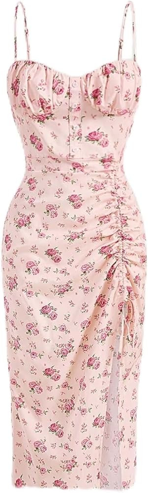 Summer Dresses for Women 2023 Sleeveless Floral Print Drawstring Slit Thigh Cami Dress Long Dress | Amazon (US)