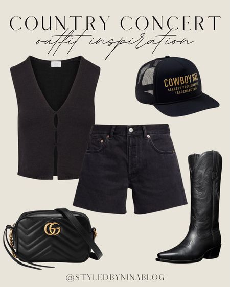 Country concert outfit inspiration - country concert outfits - black cowboy boots - nashville outfits - nashville bachelorette party outfits - cowboy hat trucker hat - vest top - denim shorts - Coachella outfits - festival outfits 



#LTKFestival #LTKtravel #LTKshoecrush