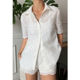 Floral Eyelet Embroidery Scalloped Hem Shirt and Shorts Set for Resort Getaways & Weekend | Chicwish