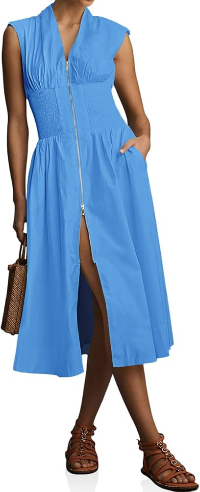 Wenrine Womens Summer Smocked Midi Dress Casual Zipper V Neck Cap Sleeve High Slit Flowy Long Dre... | Amazon (US)