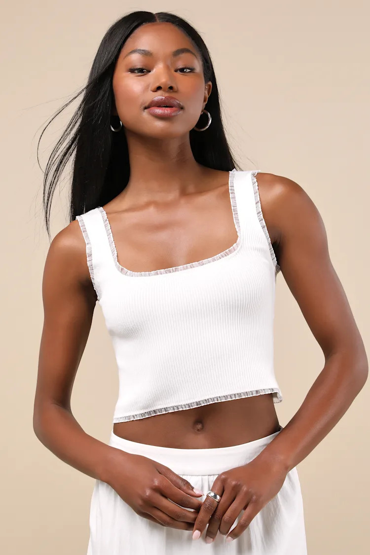 Josepha White Ribbed Knit Ruffled Crop Tank Top | Lulus