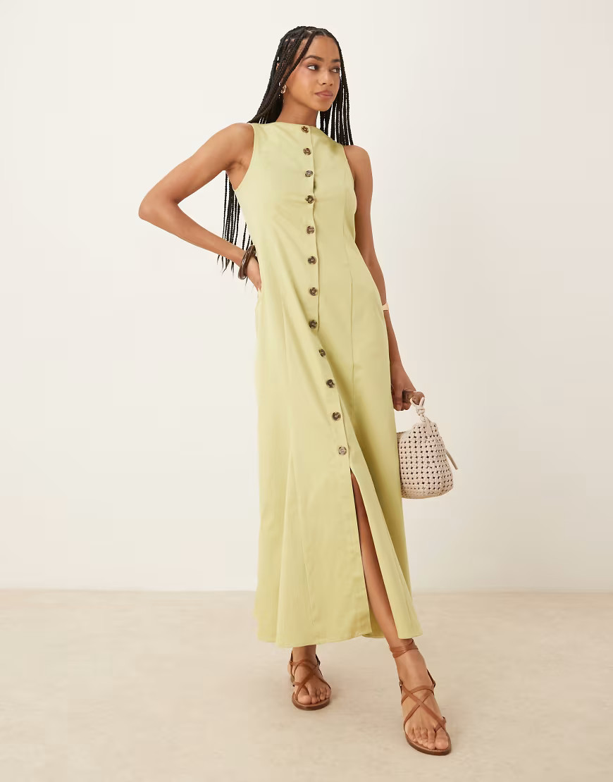 ASOS DESIGN slash neck button down waistcoat maxi dress in sage-Green | ASOS (Global)