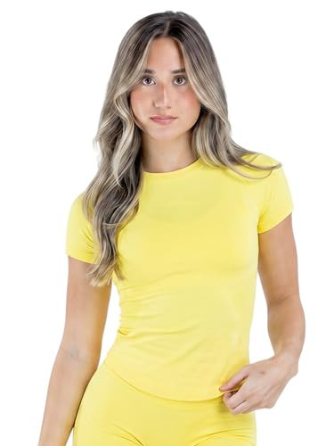 JUVOME Short Sleeve Workout Tops for Women Cropped Workout Shirts Seamless Slim Fit Athletic Top Running Sports Compression Yoga Gym T Shirts Yellow Large | Amazon (US)
