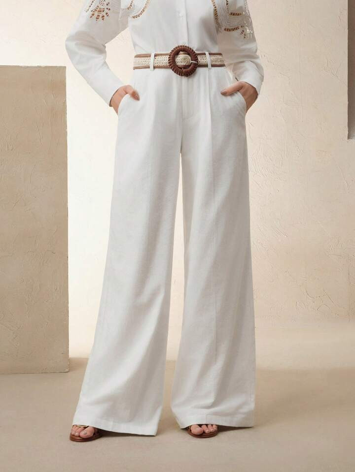 Anewsta Elegante Damenhose Aus Leinengemisch Im Vintage-Stil Mit Taillengürtel, Geeignet Für Büro-Lässig, Frühling, Sommer, Festivals, Business-Lässig, Old Money, Klassisch | SHEIN