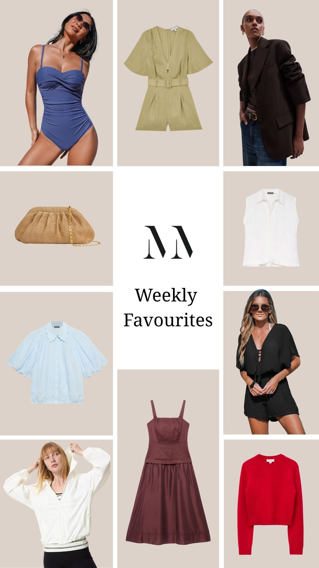 Weekly Favourites Edit! 

Summer Wardrobe Staples, Blue Swimsuit, Linen Playsuit Outfit, Dark Brown Blazer Look, White Sleeveless Zip Top, Powder Blue Poplin Blouse, Chocolate Brown Midi Dress, Red Knit Summer Layer, Summer Style, Summer Outfit Inspiration, Summer Essentials 

 #LTKuk #LTKspring #LTKsummer