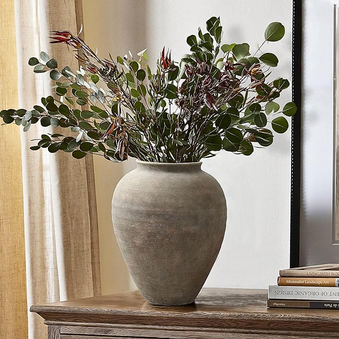 LuxenHome Rustic Ceramic Vase, 12.4" Tall Terracotta Pot with Earthy Gray-Brown Finish, Vintage P... | Amazon (US)