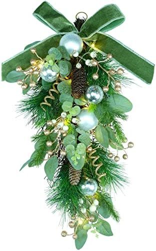 YULETIME 24" Pre-Lit Christmas Teardrop, Battery Operated with 10 Fairy Lights Holiday Swag, Green B | Amazon (US)