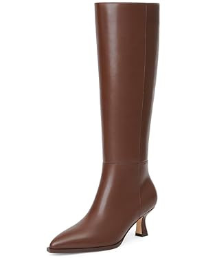 Modatope Knee High Boots Kitten Low Heel Faux Leather Pointed Toe Side Zipper Fall Long Tall Boot... | Amazon (US)