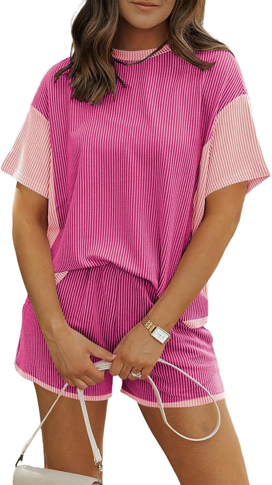 MARZXIN Women 2 Piece Shorts Set 2026 Casual Summer Cruise Outfits Ribbed Loose Short Sleeve Pock... | Amazon (US)