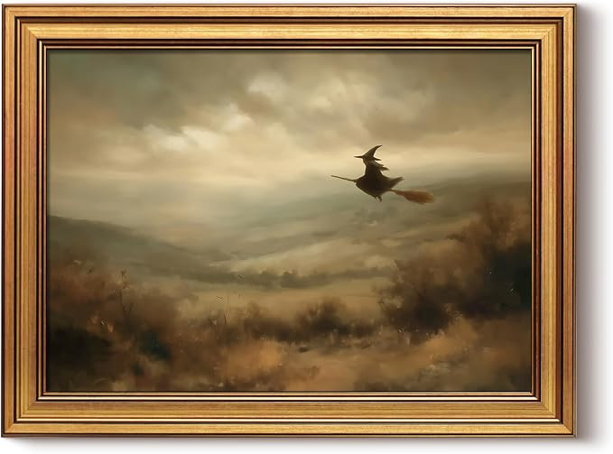 WHASAYART Halloween Wall Art, Gold Framed Flying Witch, 12x16 Inch | Amazon (US)