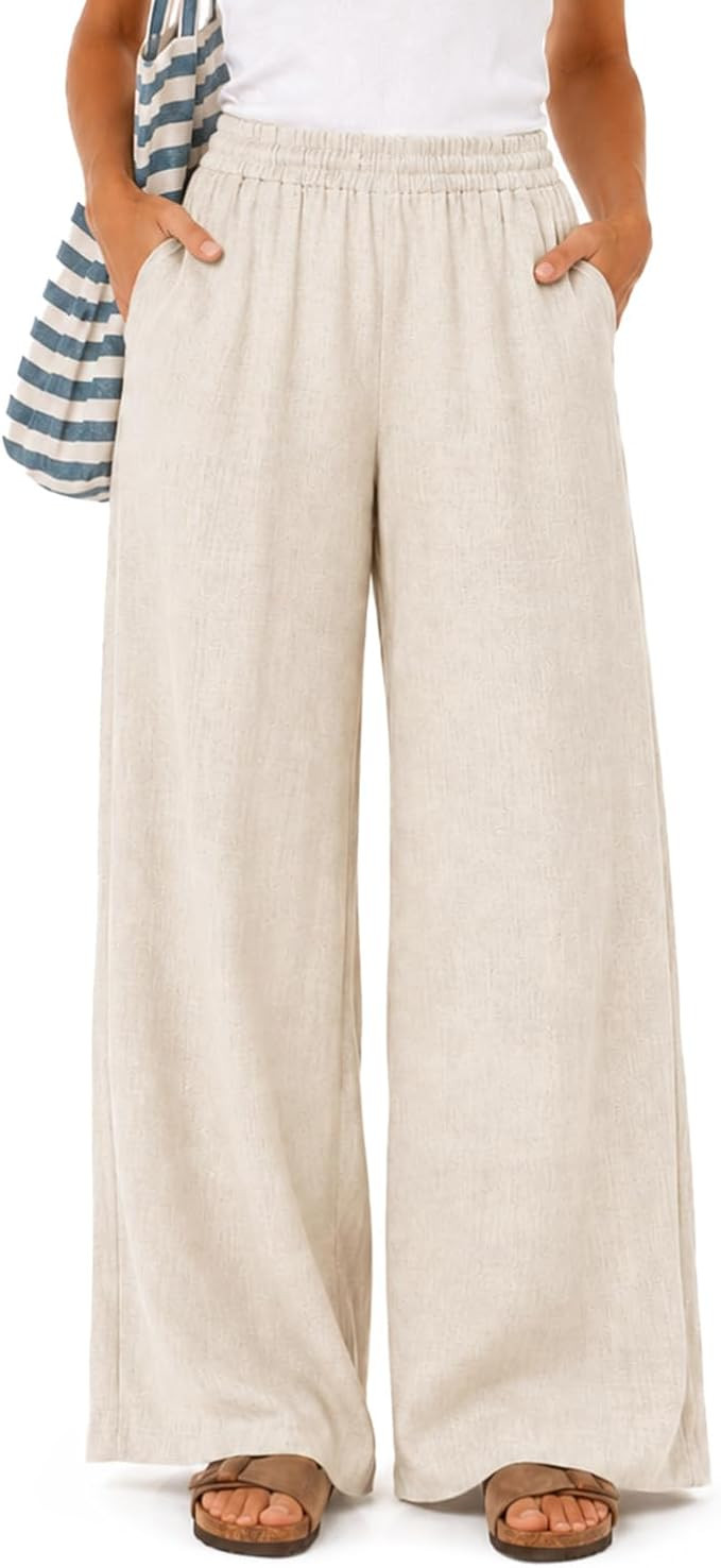 Zylioo Linen Pants Women Tall Pull On Long Length Wide Leg Summer Palazzo Pants with Pockets Casu... | Amazon (US)
