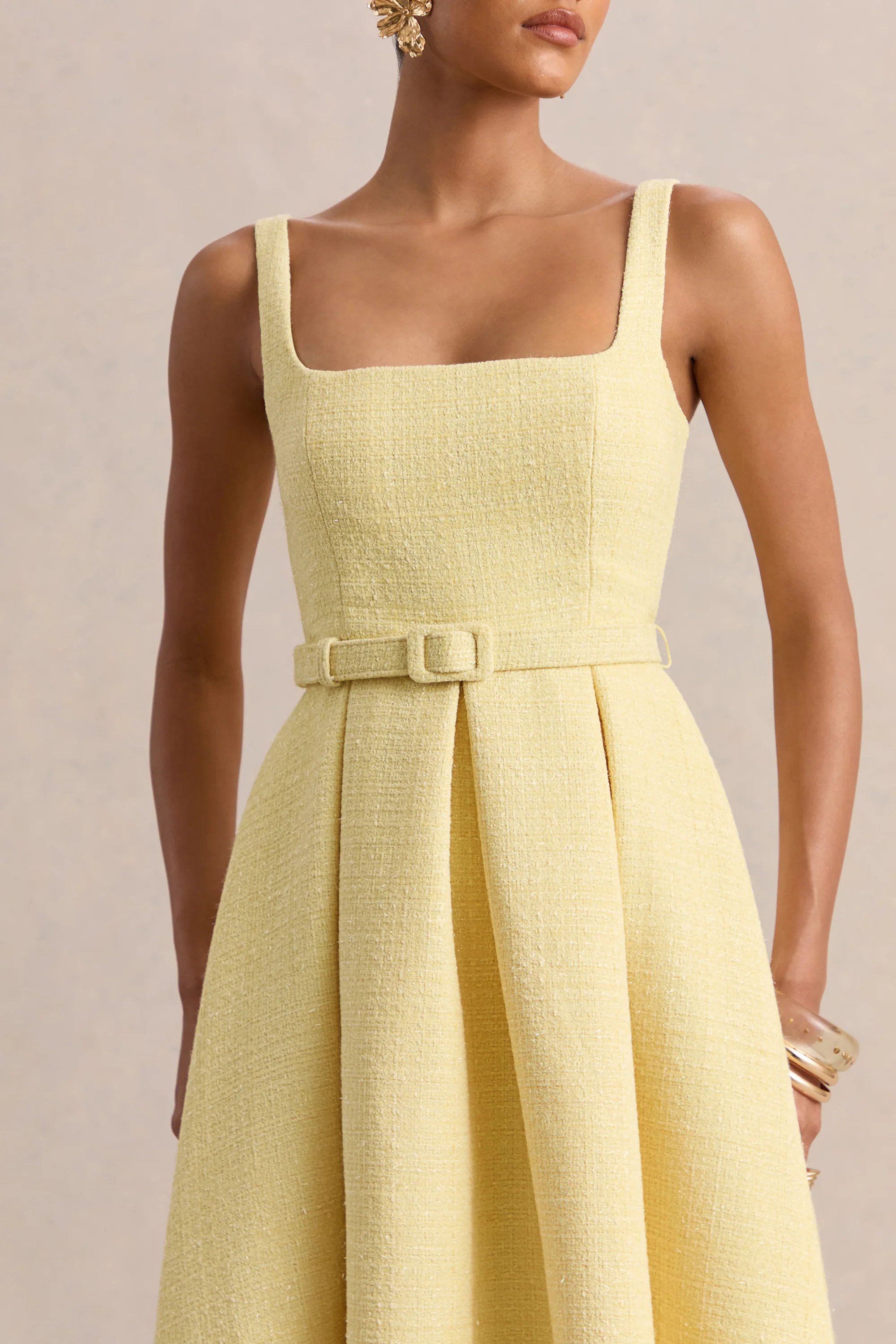 Camoria | Lemon Boucle Square-Neck Midi Dress | Club L London
