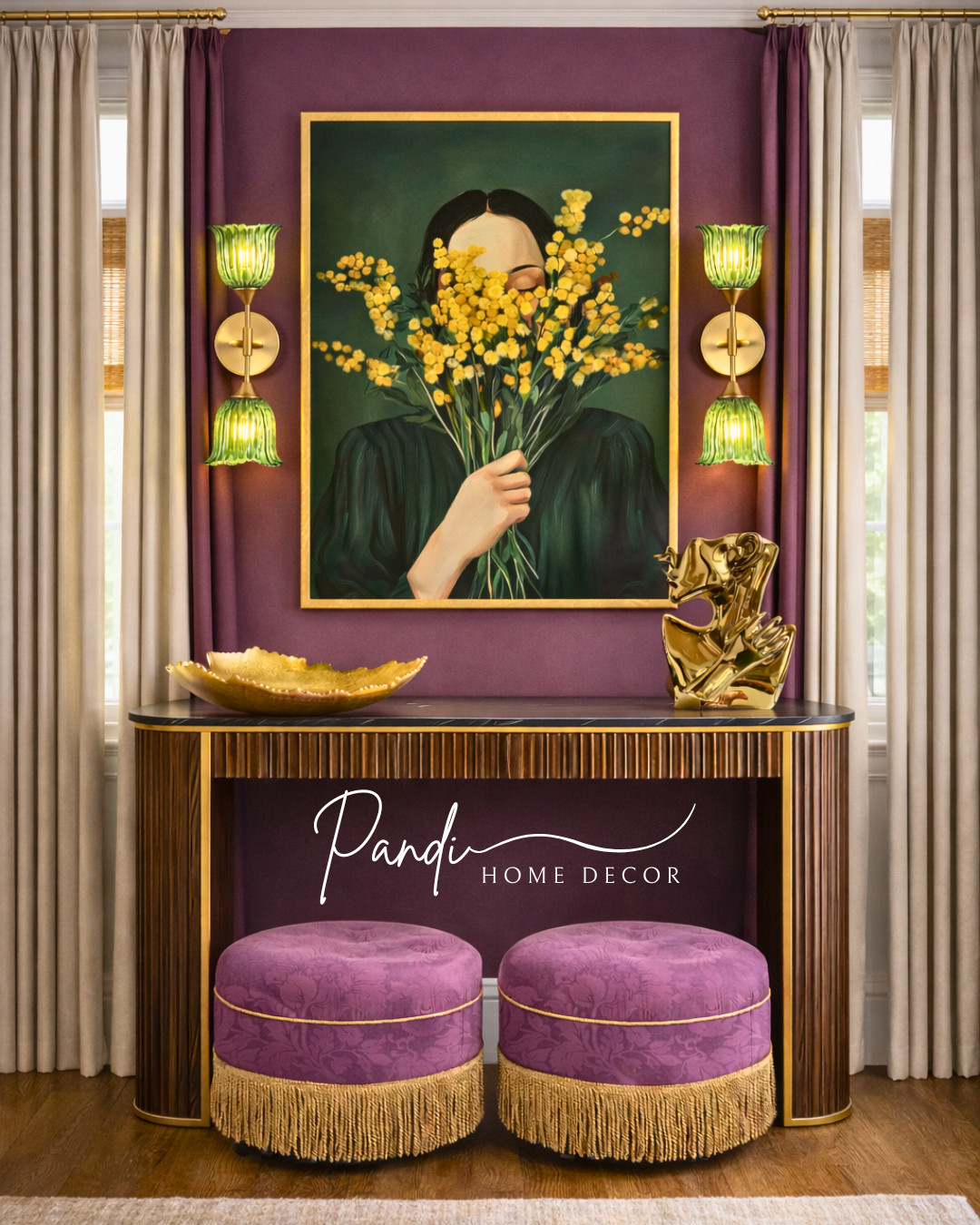 Rich plum tones, deep green accents, and gold details create a dramatic, luxe corner that feels bold and artistic 💜✨ Statement lighting, sculptural decor, and layered textures make the space look curated and high-end.
#LuxuryDecor #StatementWall #HomeStyling #ConsoleTable #BoldInteriors #GoldDecor #HomeDecor #InteriorInspo 

 #LTKHome