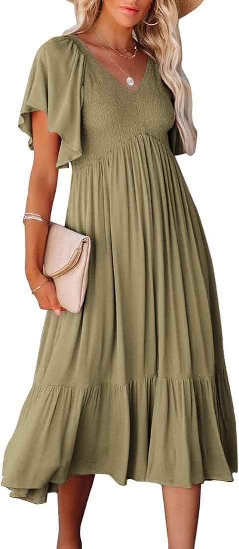 Zwurew Womens V Neck Short Flutter Sleeve Solid Smocked Ruffle Midi Tiered Dress | Amazon (US)