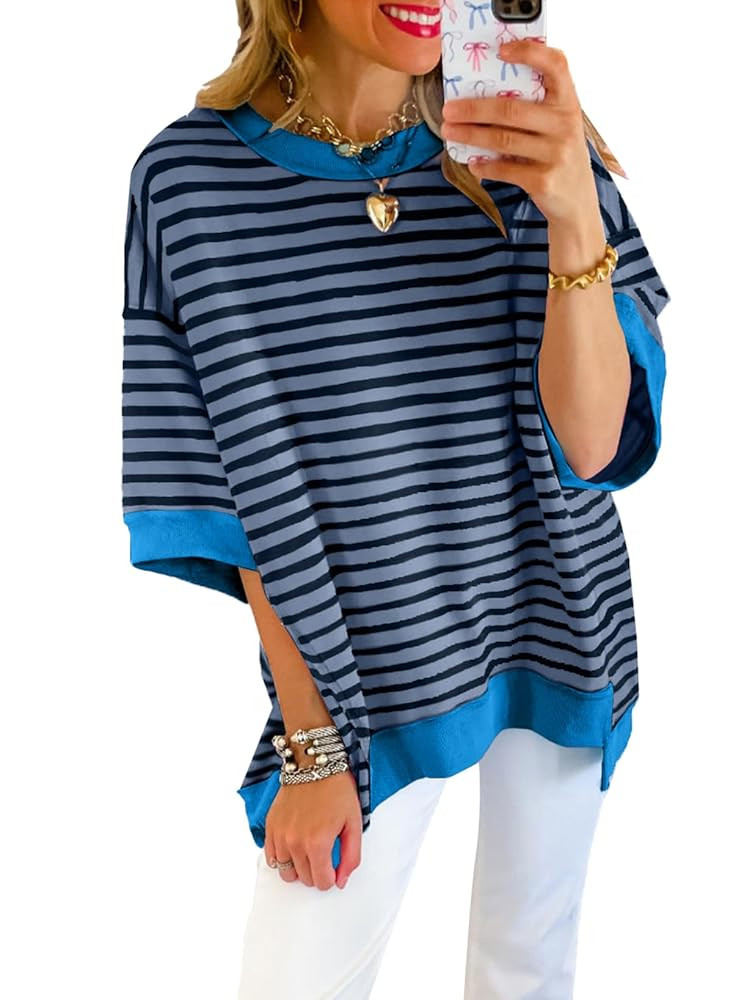 SHEWIN Womens Tops Casual Short Sleeve Sweatshirt Striped Shirt Crewneck Pullover T Shirts Loose ... | Amazon (US)