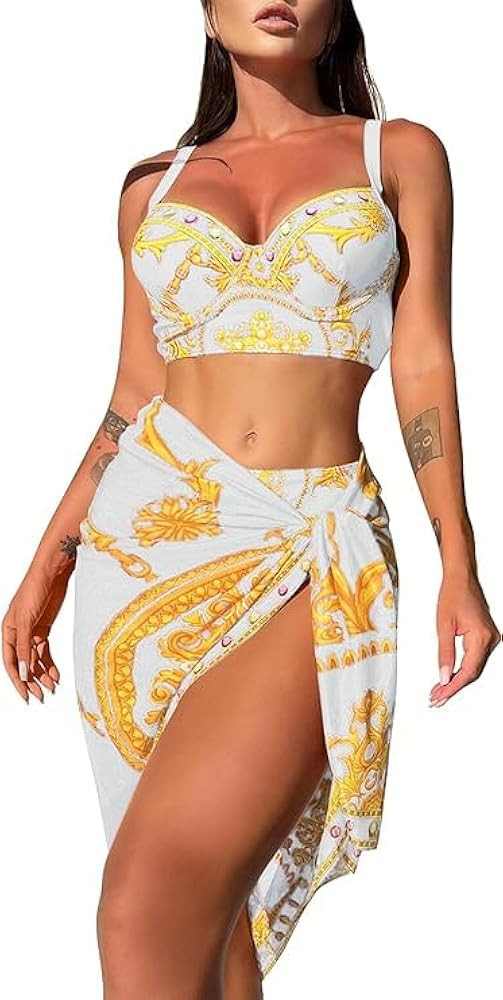 ASHER FASHION Bikini Sets for Women's 3 Piece Swimsuits Print with Cover Up Skirt Sexy Swimsuit B... | Amazon (US)