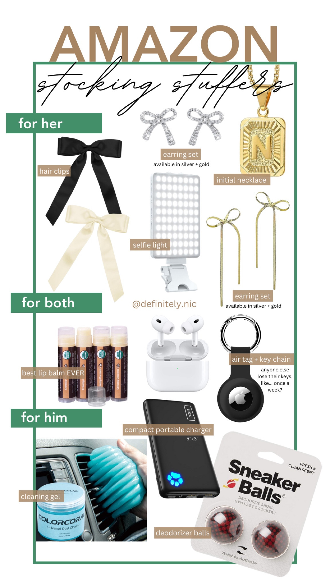 Amazon stocking stuffers for her + him. 

Hair bows, bow earrings, selfie light, necklace, lip balm, air tag, sneaker deodorizer, portable charger, tumbler, car cleaning air pods, etc.

#LTKHoliday #LTKGiftGuide #LTKfindsunder50