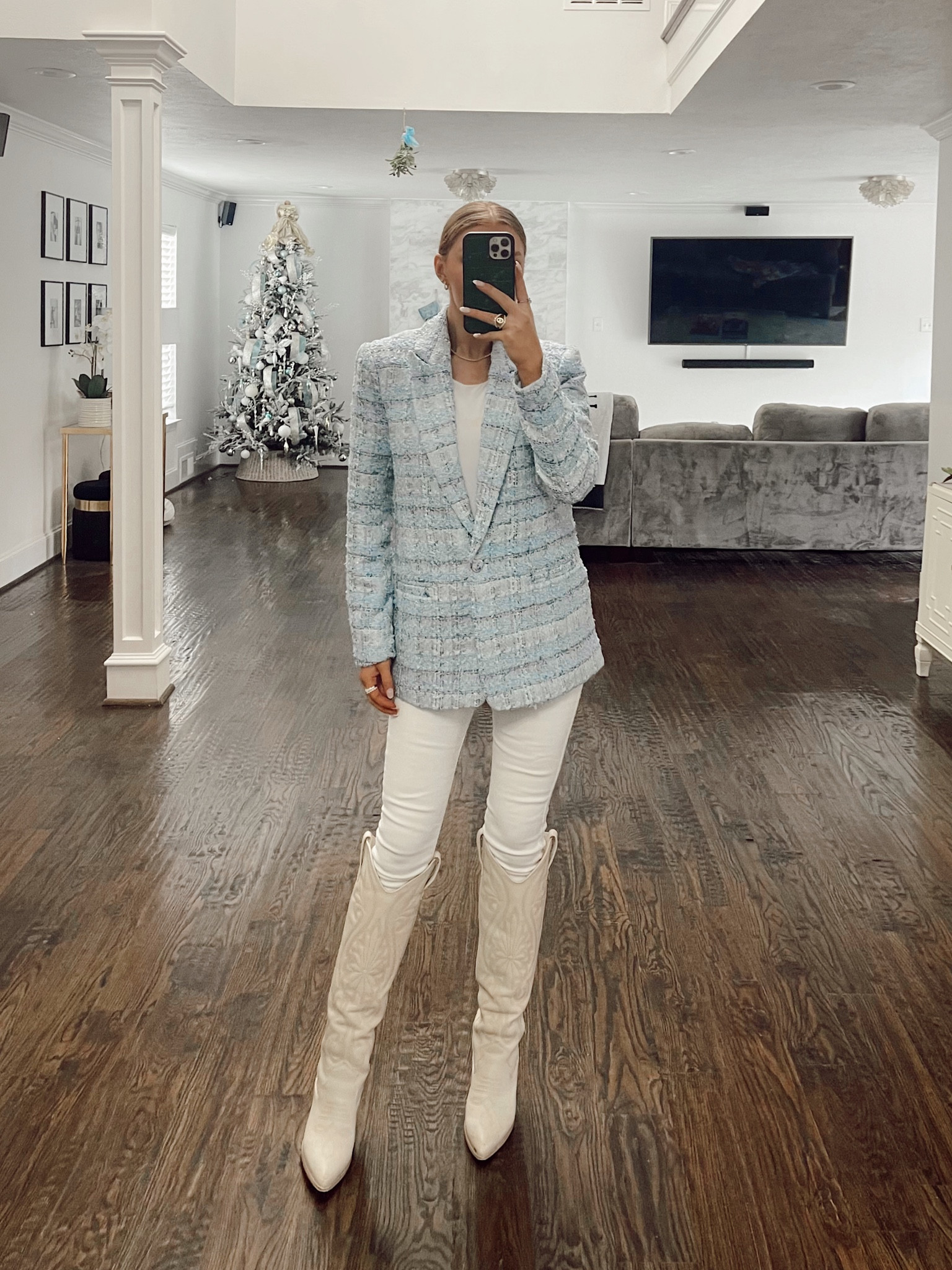 Blue tweed blazer is Vici Dolls Collection. Code sheridan.donevant for $$ off! Steve Madden boots. Cowboy boots. White fall boots. Fall ootd. Winter whites. Winter white outfit. Tweed blazer. Fall outfit ideas. White jeans  

#LTKstyletip #LTKshoecrush #LTKunder100