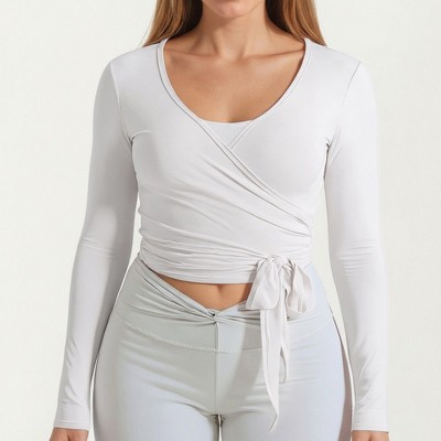 Anna-Kaci Women's Pilates Wrap Top - Long Sleeve V-Neck Cropped Gym Cover Up Balletcore Workout Shirt - X Large, White | Target