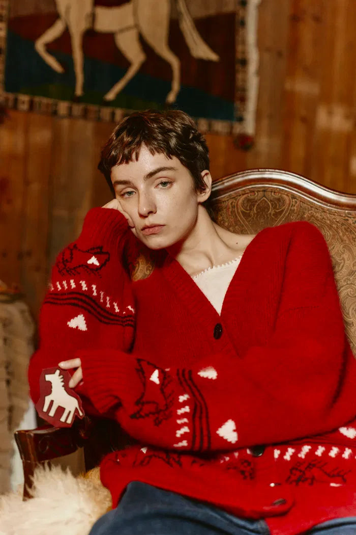 Sara Fair Isle Pony Cardigan in Angora Raccoon Knit Blend | Fabrique