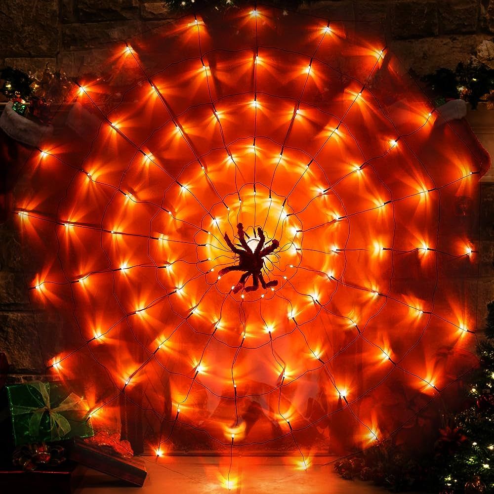 Amazon.com: kemooie 120 Led 4.92FT Giant Spider Web Lights with Hairy Spider and Cobweb for Light... | Amazon (US)