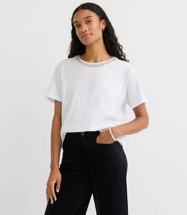 Crystal Beaded Neck Tee | LOFT