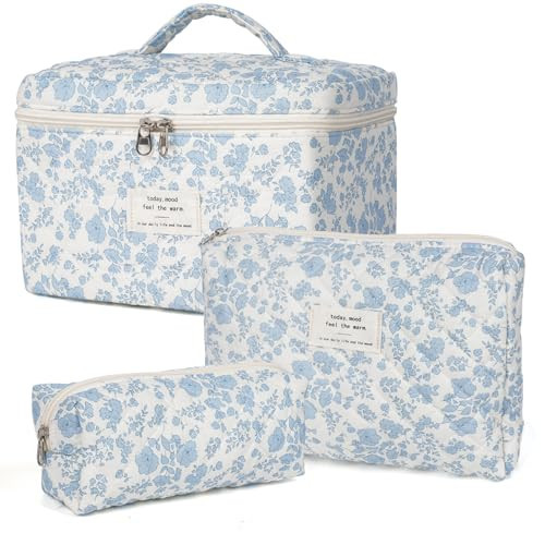 Makeup Bag,Quilted Cosmetic Bag,Large Floral Make Up Bag for Women,Cotton Makeup Bag Set,Flower Travel Toiletry Bag | Amazon (US)