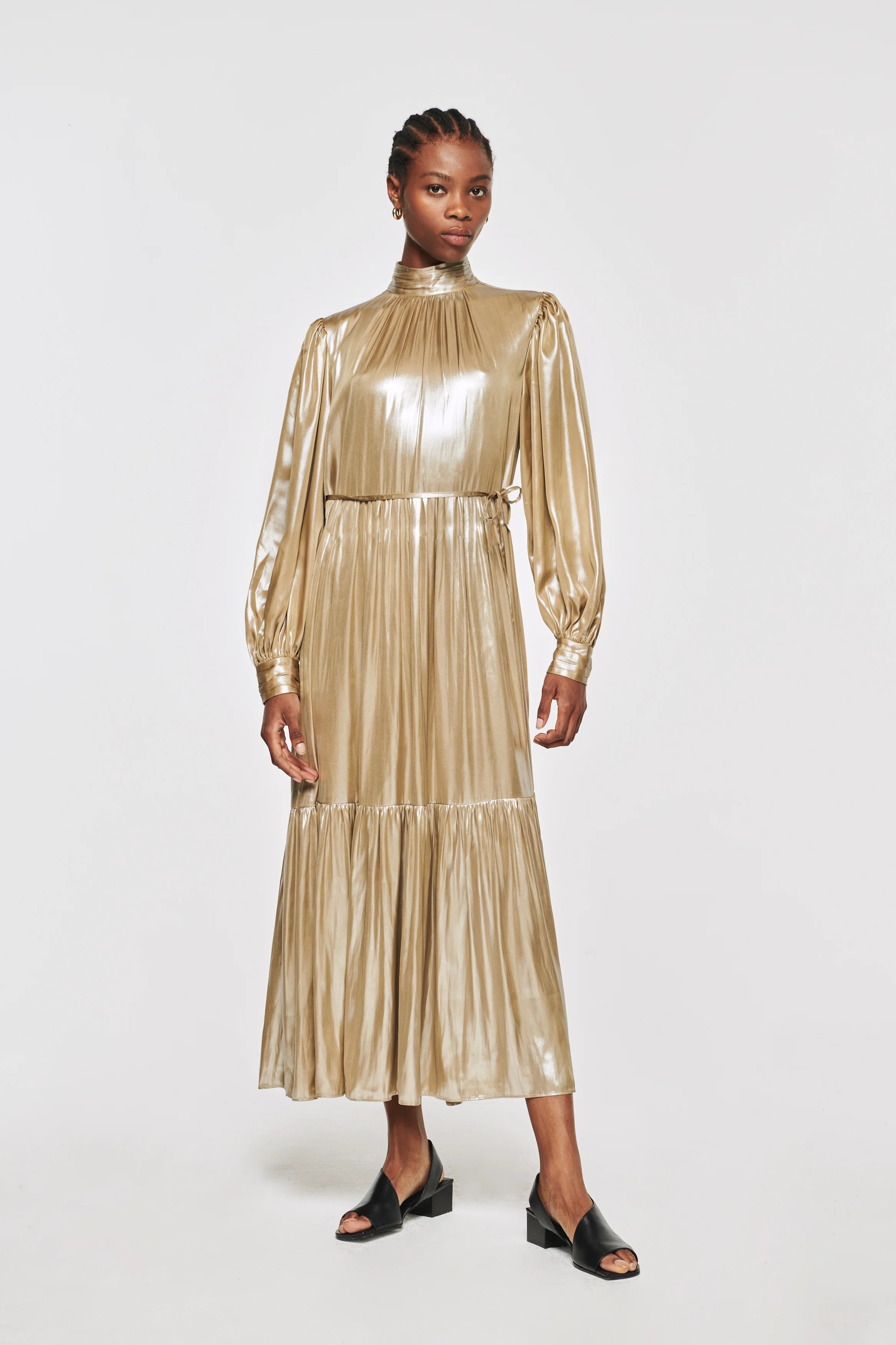 Lily | Foiled High Neck Tiered Dress in Gold | ALIGNE | Aligne UK
