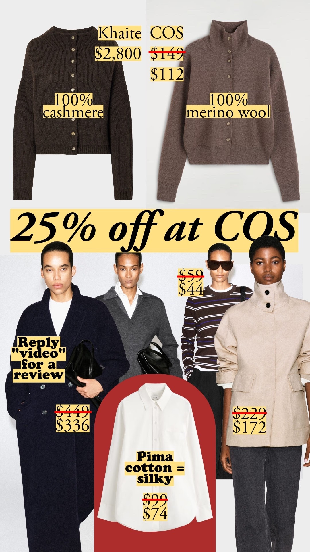 My go-to's from COS straddle extremes: the most everyday basics AND standout design pieces. The button-ups and the tailored coats have thoughtful materials and construction that'll stay looking sharp wear after wear. The long-sleeve tees in modern variegated stripes? Love them as a quick update, and I would not spend more. Plus COS' quality for tees consistently delivers. That red coat is excellent for fall and will be that outfit-making star come spring.