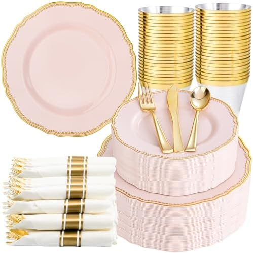 Hioasis 350pcs Pink and gold Plastic Plates - Pink Plastic Dinnerware Set Includes 50 Dinner Plat... | Amazon (US)