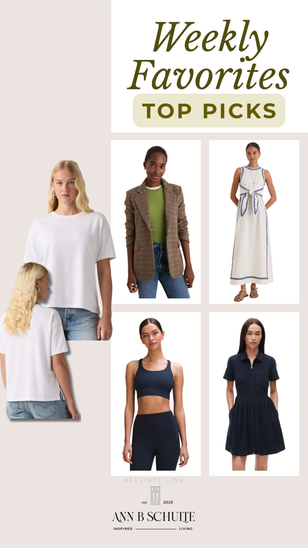 This week’s favorites are a mix of polished classics, effortless everyday staples, and sporty pieces that make getting dressed feel easy. From a crisp white tee and tailored plaid blazer to a feminine midi dress, sleek activewear, and a classic navy dress, these top picks cover everything from casual days to more put-together plans. Each piece has that versatile, wear-on-repeat quality that makes it an easy addition to the wardrobe. A little classic, a little sporty, and plenty of effortless style in this week’s lineup. 🤍✨🛍️
#WeeklyFavorites #TopPicks #FashionFavorites #WomensFashion #EverydayStyle #ClassicStyle #WardrobeEssentials #OutfitInspiration #FashionFinds 

 #LTKootd