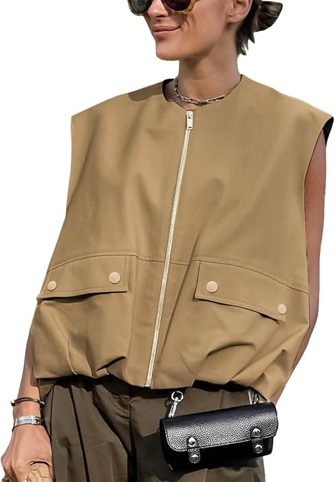 Womens Oversized Cargo Vest Zip Up Blazer Vest | Amazon (US)