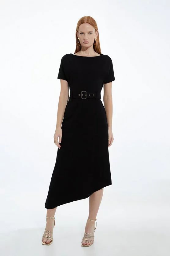 Waterfall Hem Belted Short Sleeve Ponte Jersey Midi Dress | Karen Millen US