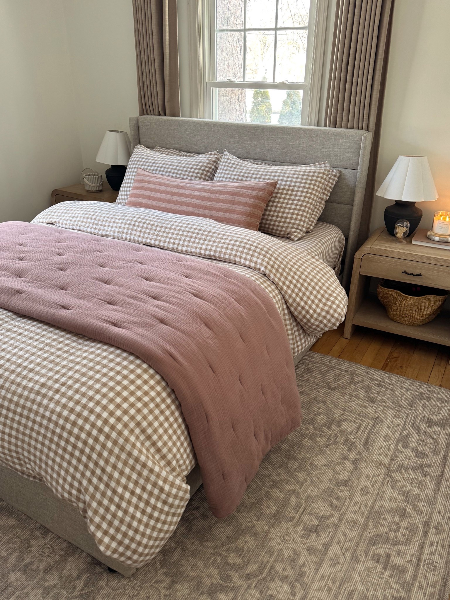 cozy linen bedding for spring! 🌸✨🤎 love the gingham on gingham - code INFG-26SALEAONEILL10 for 10% off your first order 

gingham bedding, linen bedding, quince bedding, layered bedding, neutral bedroom inspo, quince, bedding for spring, spring bedding refresh, pink bedding, fig bedding