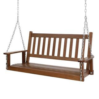 VEIKOUS 4 ft. Outdoor Wooden Patio Porch Swing with Chains and Curved Bench, Wood Color PG0210-01... | The Home Depot