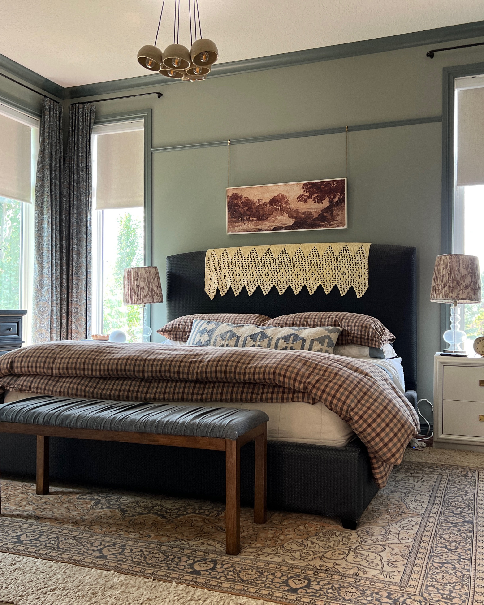 Linked some similar products 

Vintage rug, upholstered bed, plaid bedding, pleated shade, lamp

#LTKhome