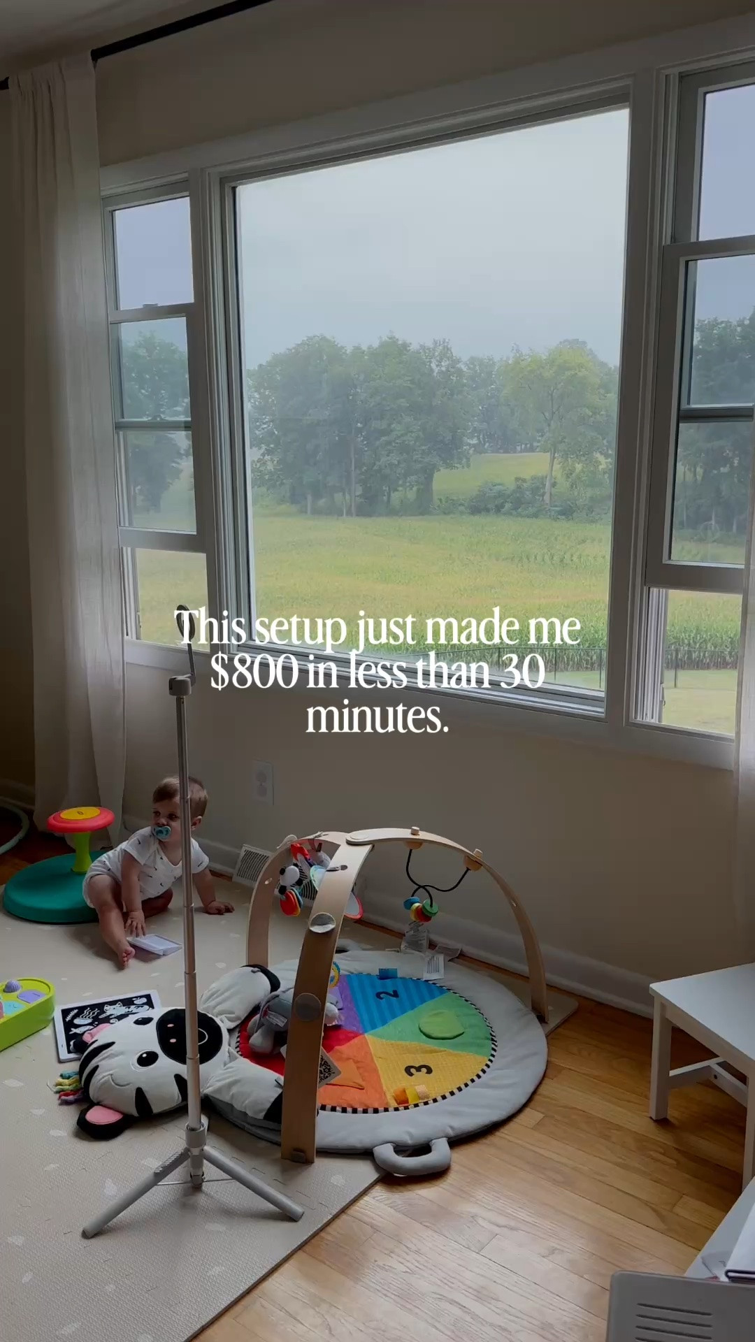 This setup made me $800. 

Tripod. Phone. Natural light. A clean corner.

And a whole bunch of kids’ toys strategically hidden BEHIND the camera. 

30 minutes of filming in my very lived-in living room = an $800 UGC video.

Your space doesn’t have to be perfect.
You just have to know what needs to be in the frame. 

Sometimes building something of your own really does look like pushing the toys out of view and pressing record.

Comment “START” if you’ve been wondering how to get into UGC/content creation.