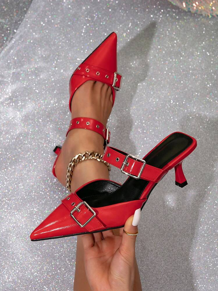 European And American Style Pointed High Heel Shoes With Double Leather Straps, Buckles, And Stud... | SHEIN