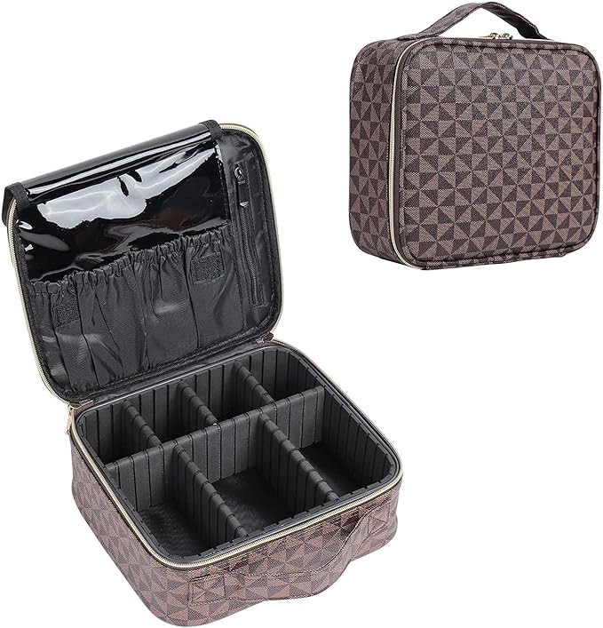 CHICREEN Brown Checkered Makeup Bag Large Travel Cosmetic Bag Organizer - Big Makeup Pouch Bag wi... | Amazon (US)