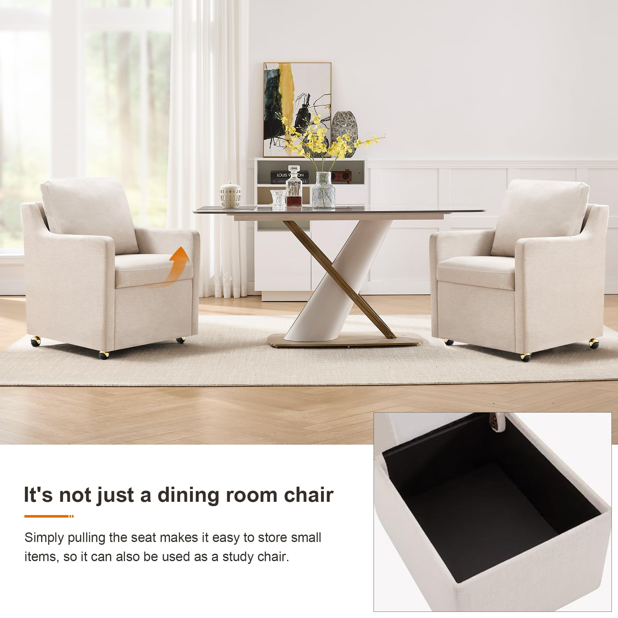 YI DANICA Linen Dining Chair with Casters Modern Storage Seat Design for Relaxing Upholstered Arm... | Amazon (US)