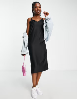 ASOS DESIGN V-neck midi slip dress in black | ASOS | ASOS (Global)