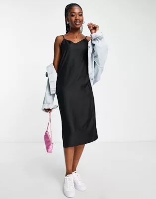 ASOS DESIGN V-neck midi slip dress in black | ASOS | ASOS (Global)