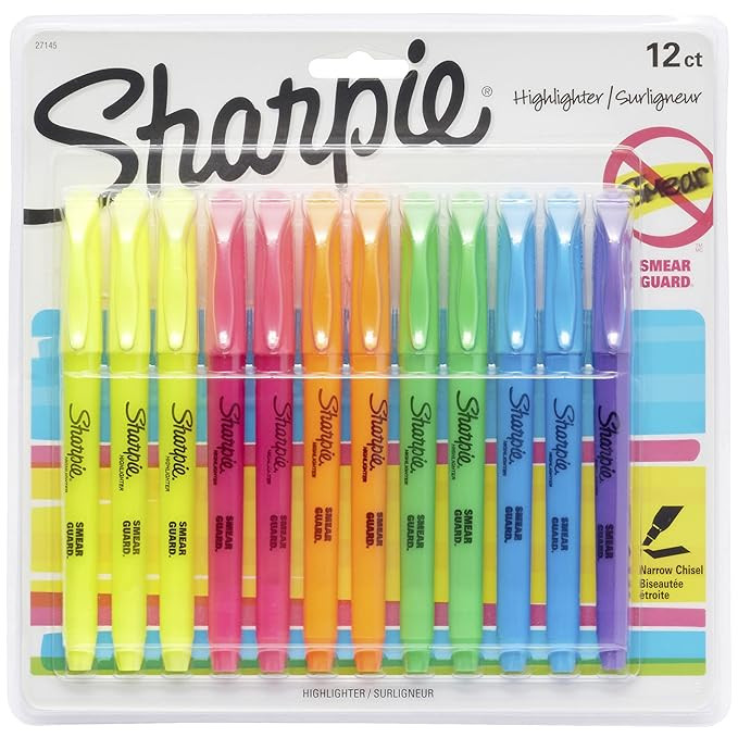 Sharpie 27145 Pocket Highlighters, Chisel Tip, Assorted Colors, 12-Count       Add to Logie | Amazon (US)