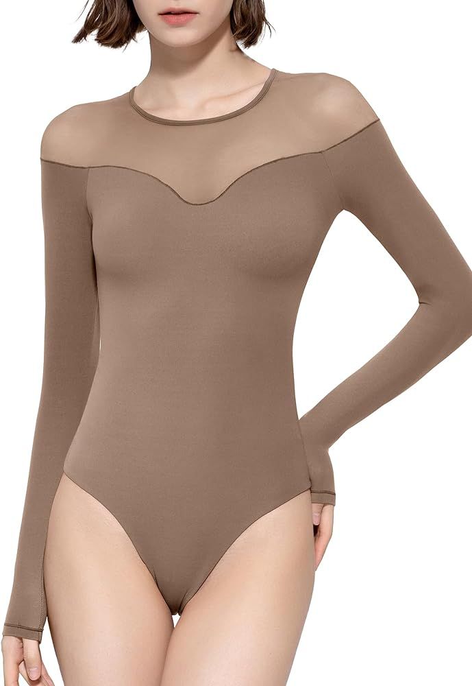 PUMIEY Mesh Bodysuit for Women Crew Neck Long Sleeve Body Suits Sexy Sheer Tops Smoke Cloud Pro C... | Amazon (US)