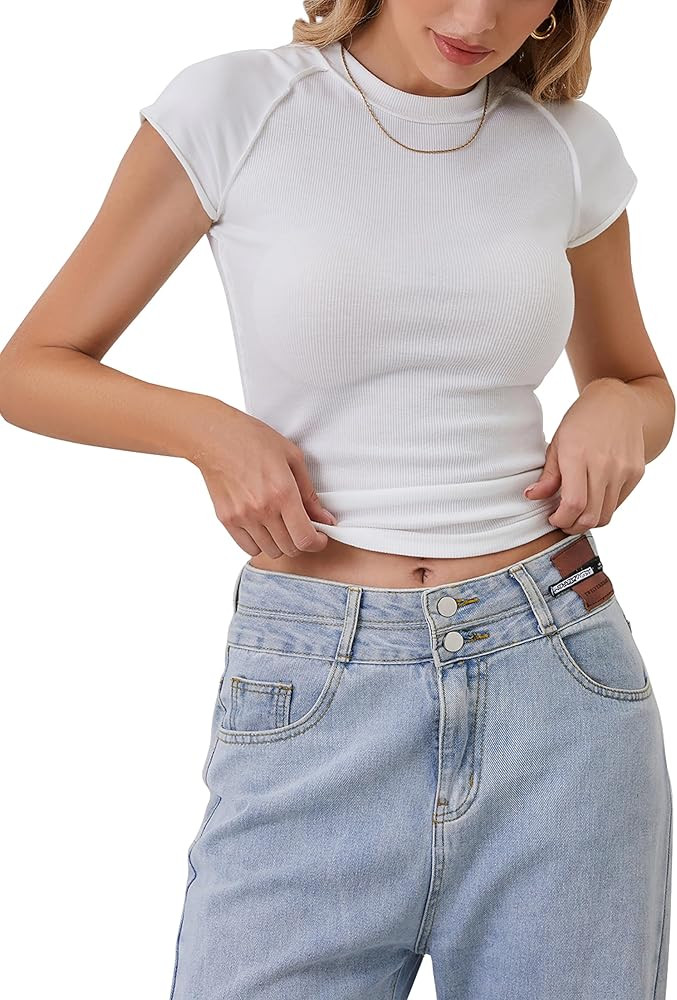 MISSACTIVER Women Cap Sleeve Ribbed Knit T-Shirt Summer Crew Neck Basic Tee Shirts Casual Solid S... | Amazon (US)