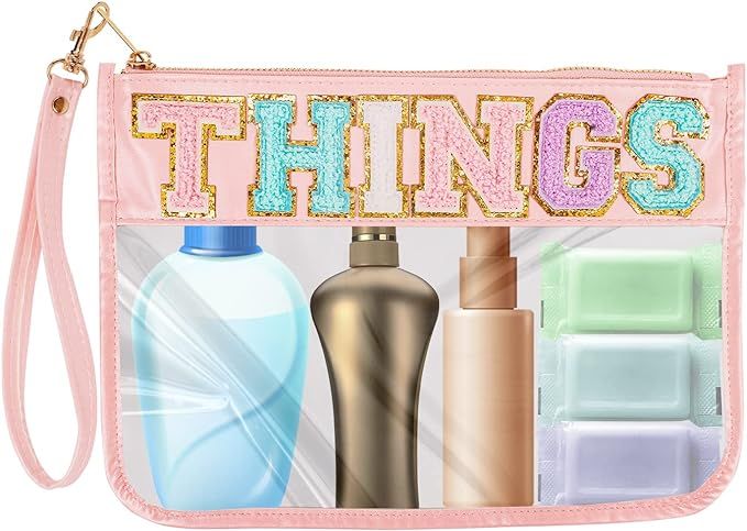 Monogram Glitter Chenille Letter Clear Bag, Portable Travel Essentials Zipper Clear Pouch with Wr... | Amazon (US)