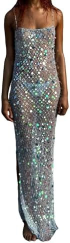 Women's Sequin Sheer Maxi Dress Spaghetti Straps Backless Slit Sparkle See-Through Mesh for Beach... | Amazon (US)