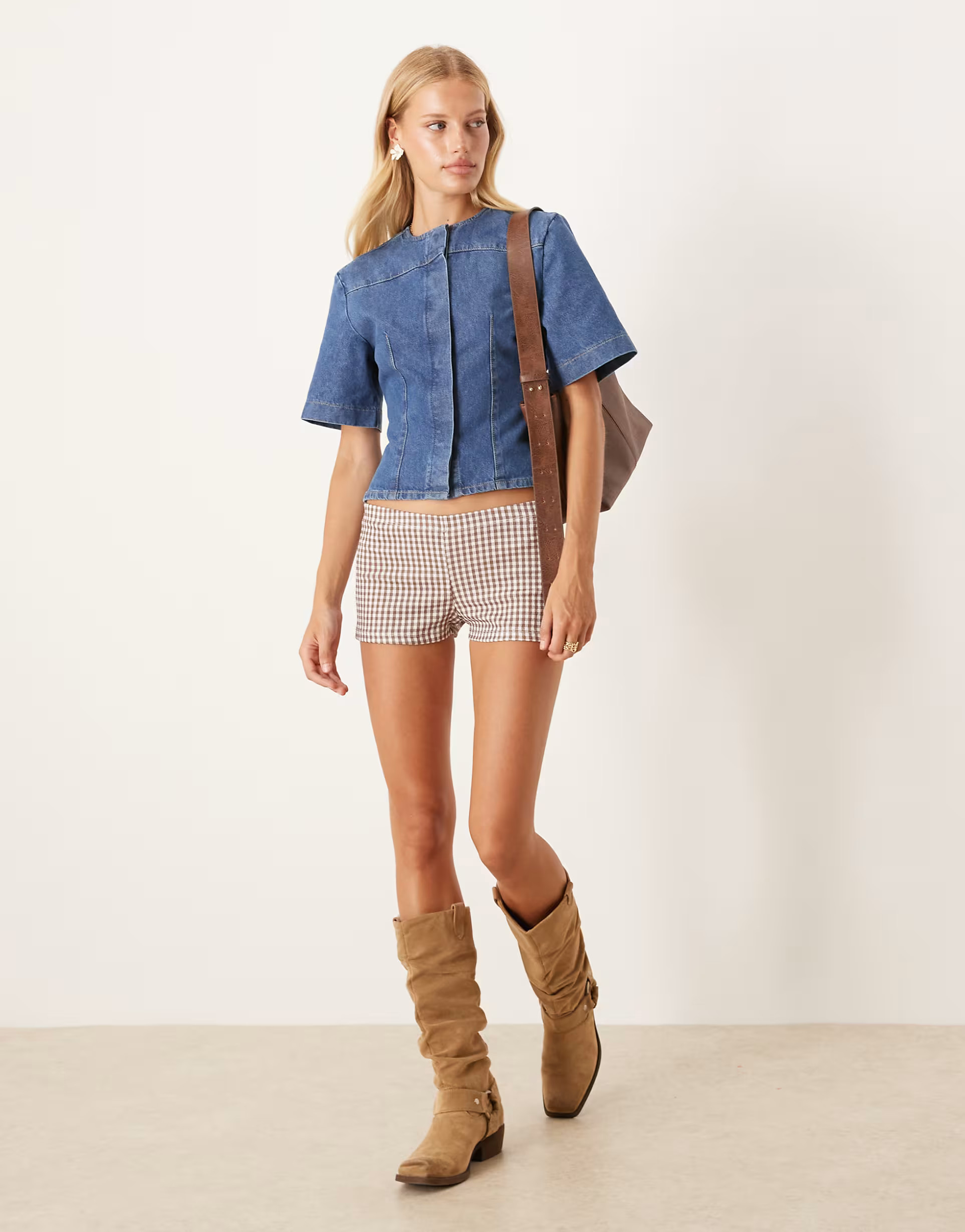 ASOS DESIGN denim collarless short sleeve top in mid blue | ASOS (Global)