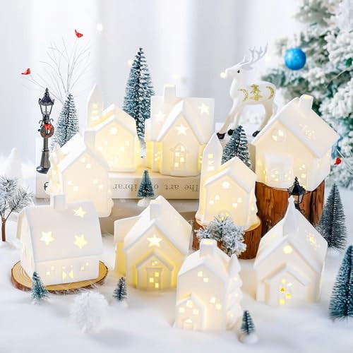 Spdmhyo Set of 28 Ceramic Christmas Village Sets 8 Pieces White House with 18 Pieces Snow Tree 2 Lamp Vintage Christmas Decoration for Mantle Table Top Decor (Elegant) | Amazon (US)